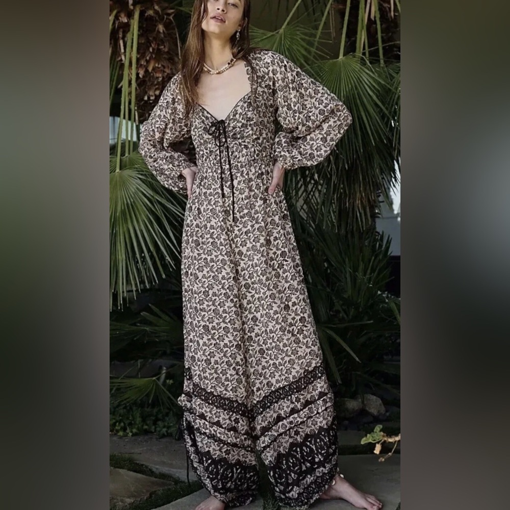 Free People Soulmate Balloon Leg Jumpsuit Long Sleeve Boho Neutral Floral  Sz M